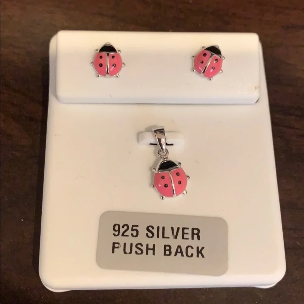 New 3pc set pink lady bug Earrings & Pendant